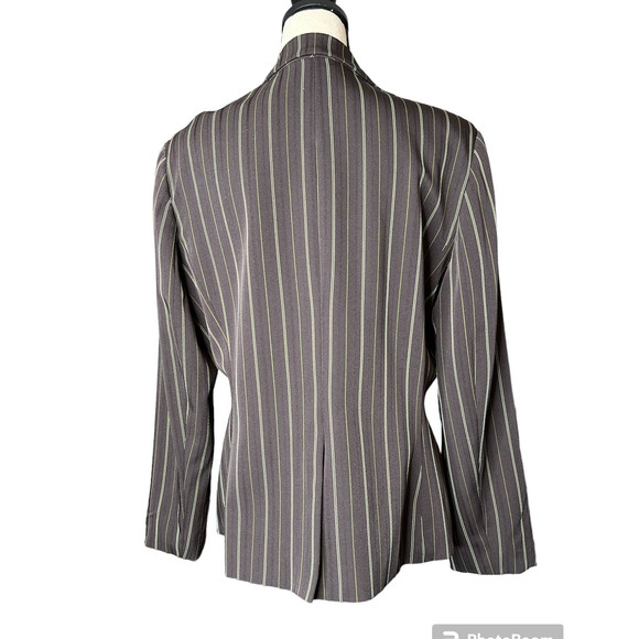 Bob Mackie Womens Jacket Size 14 in Brown w/Green Stripe and Matching Floral Pin - Picture 4 of 6